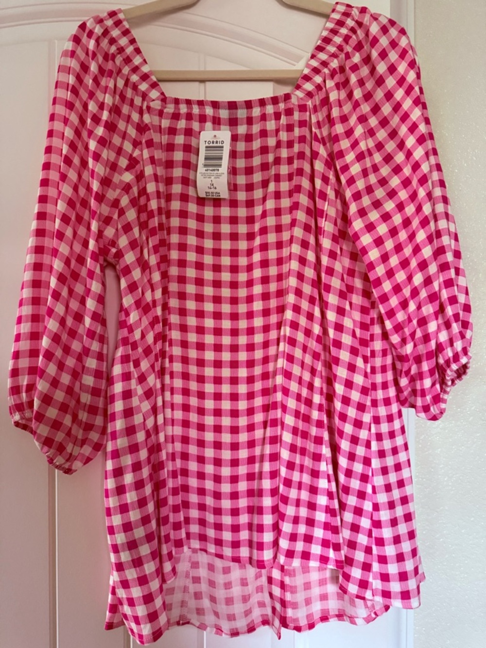 Torrid Fit Flare Button Up 3/4 Sleeve Gingham Pink Top 1X 14/16 NWT - Picture 9 of 15